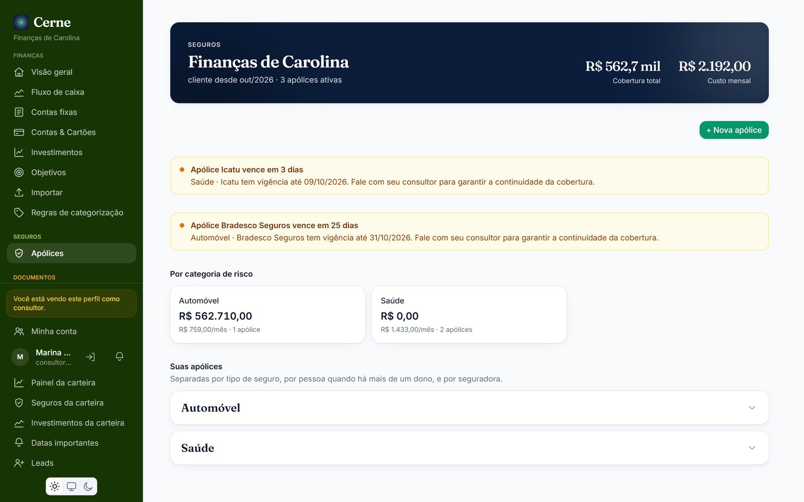 Perfil de um cliente aberto por um consultor, sem a área de Saúde