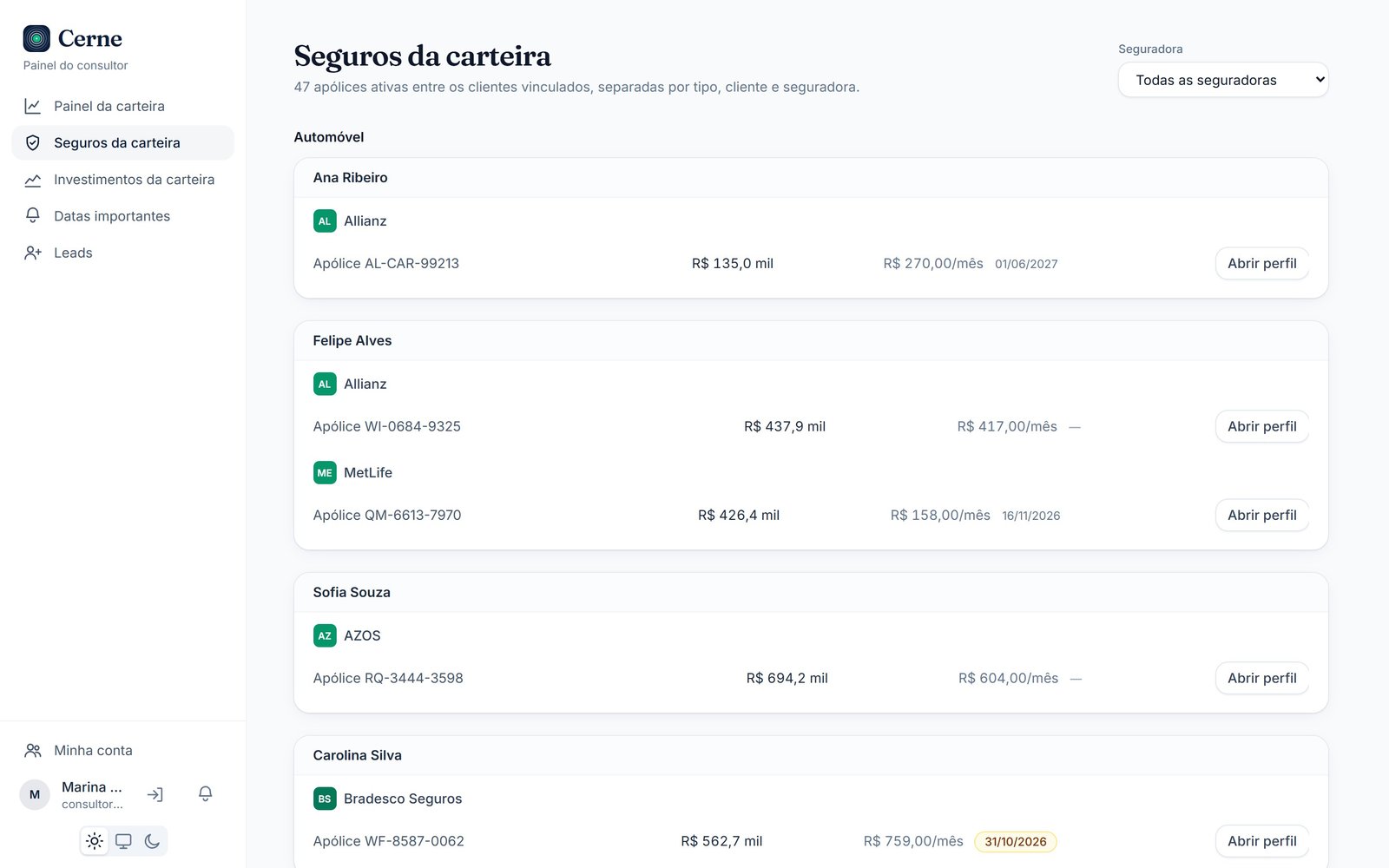 Apólices da carteira agrupadas por tipo, cliente e seguradora